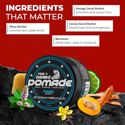 Bossman Hair & Beard Pomade for Men (Magic Scent) ? Medium Hold & Moisturizing for Hair, Beard & Mustache Styling ? Made in USA