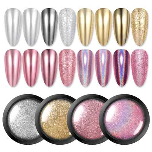 Born Pretty Chrome Nail Powder Metallic Mirror Powder Holographic Pigment Powder Manicure Nail Art Decoration Sets Silver Gold Pink Rose Gold 4 Boxes