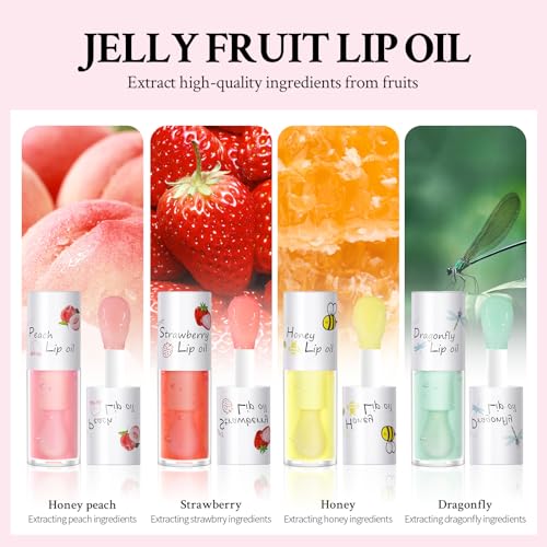 Crystal Jelly Fruit Lip Oil Set - 4 Pack Hydrating Lip Gloss