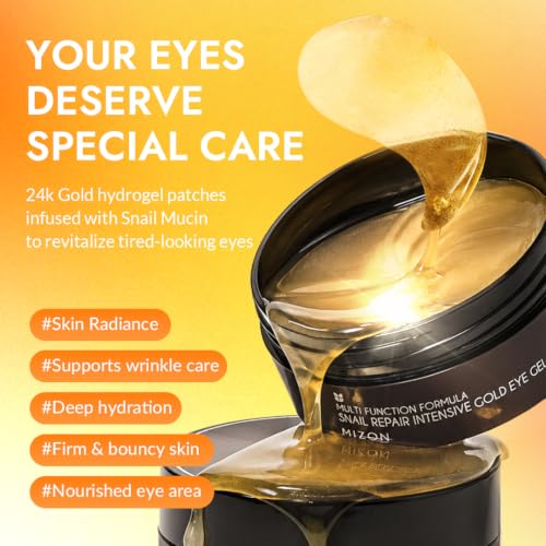 MIZON 24K Gold Under Eye Patches, 60 Pcs – Snail Mucin & Collagen