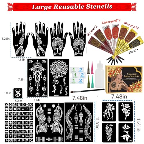 7PCS Tattoo Cones Temporary Tattoo Kit,4Color(2*Brown,2*Maroon,2*Cherry Red &1*Black) Ink with Large Designs Stencils,Separate Bottle with 4 Bottle Mouths,DIY Body Art Painting for Women Men Kids