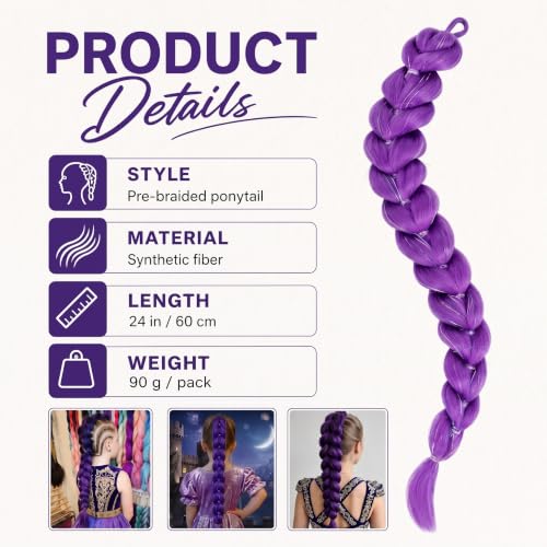 ZAVIDE Purple Synthetic Braids Hair Extensions 24 Inch Long Cosplay & Costume Hair
