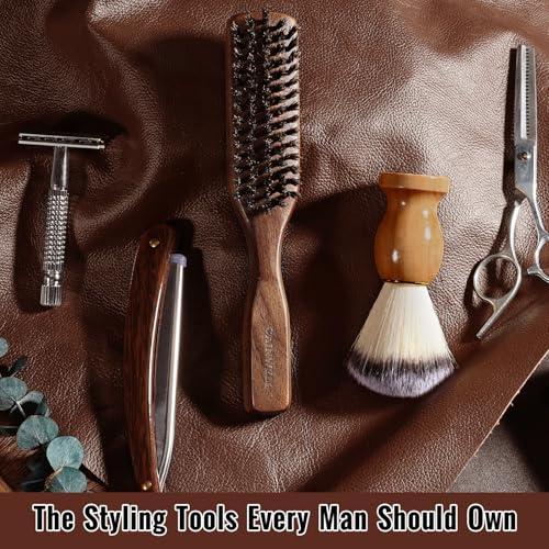 GAINWELL Mens Wild Boar Bristle Hair Brush for Men, Slick Back Hair Brush with Stiff Bristles for Thick Hair, Natural Black Walnut Wooden Handle Hairbrush, Beard Mustache Brush Comb