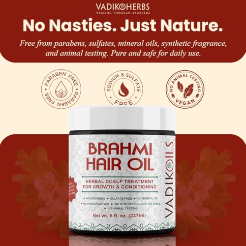 Vadik Herbs Brahmi Hair Oil (8 oz) All natural herbal hair oil for hair growth, hair conditioning, dandruff and dry scalp with Rosemary Oil | Herbal scalp treatment