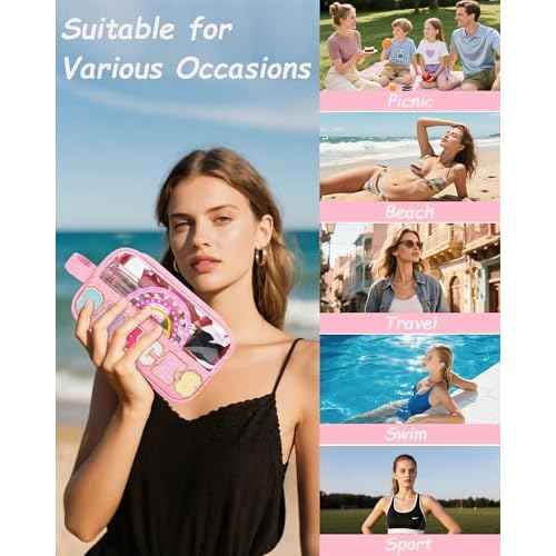 MONSTINA Snack Bag Clear Pouch Makeup Travel Toiletry Bag,Waterproof Clear Embroidery Letters Cute Digital Printing Rainbow Cosmetic Tote Bag for Women Girls,PU Leather Pink