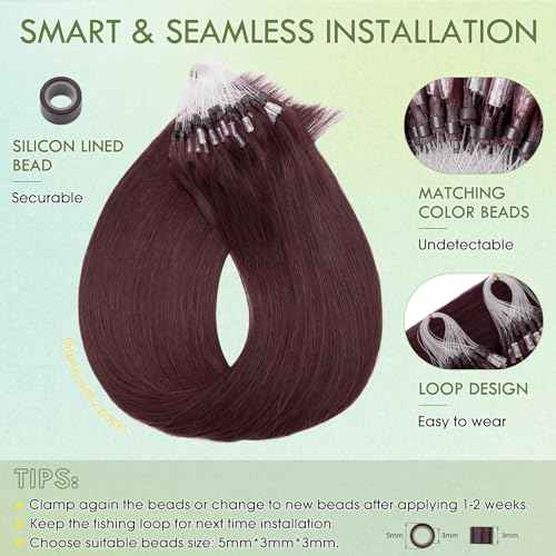 Hairro Microlinks Hair Extensions Human Hair Micro Loop Hairpieces Easy Pre Bonded Cold Fusion Keratin Stick Micro Bead Hair Extension For Women 16 inch 50g 100 Strands #99J Wine Red