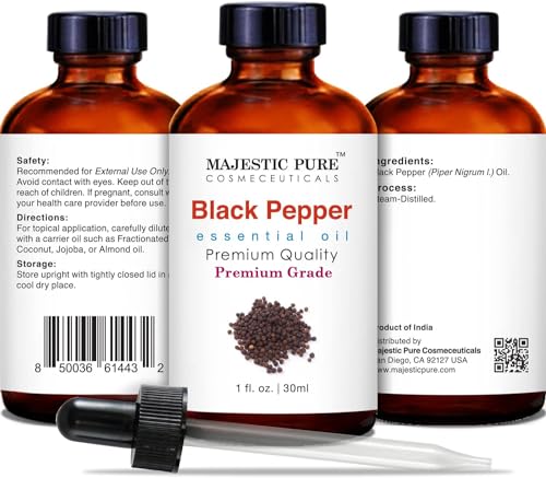 MAJESTIC PURE Blackpepper Essential Oil | 100% Pure and Natural Blackpepper Oil | Premium Grade Essential Oils for Hair Care, Home Diffusers, Skin, Aromatherapy, Massage and Humidifiers | 1 Fl Oz