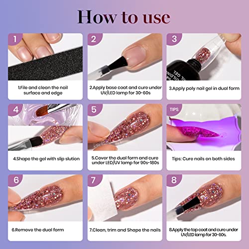 SUPWEE Glitter Poly Nail Gel Set - Builder Nail Gel for Nail Extension Nail Strengthen Poly Nail Enhancement with Poly Nail Forms Varnish Soak Off UV Gel Manicure Nail Salon Set 9 Colors