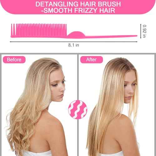SIMPOR 3 Row Hair Comb for Natural Detangling Hair Styling Brush Nylon Bristle Unbraider Teasing Comb Rat Tail for Women Men Rose Pink
