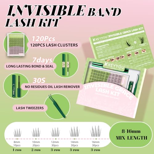 KEYYOU Aurora Lash Clusters Kit Fairy Lash Extension Kit C Curl 120Pcs Eyelash Extension Kit Wispy Natural Invisible Band Lash Kit with Waterproof DIY Lash Extension Kit at Home(Aurora-C-8-16MIX)