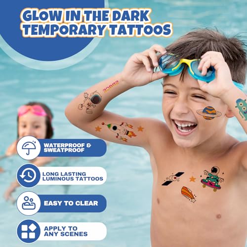 Temporary Tattoo for Kids, 300+ Pcs Glow in the Dark Tattoos Kids Stickers, Luminous Party Supplies with Car/Dinosaur/Space/Butterfly Favors for Boys Girls