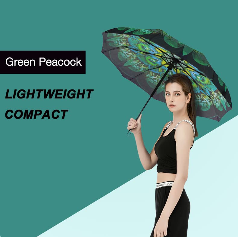 SIEPASA Windproof Travel Compact Umbrella-Automatic Umbrellas for Rain- Folding Umbrella, Travel Umbrella Compact, Small Portable Windproof Umbrellas for Men Women Teenage. (Green Peacock)