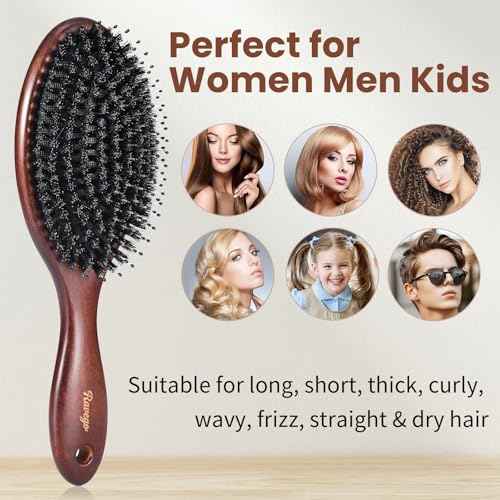 Hair Brush, Boar Bristles Hair Brush for Women Men Kids, Boar & Nylon Bristle Brushes for Smoothing Massaging Scalp Detangling Wet/Dry Hair, Reduce Frizz Dry Restore Natural Shine