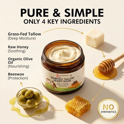Beef Tallow & Honey Balm, All-Natural Moisturizer with Raw Honey & Olive Oil, Grass-Fed Tallow Cream for Face & Body, Deeply Nourishing Skin Care for Women & Men, Rich Moisture