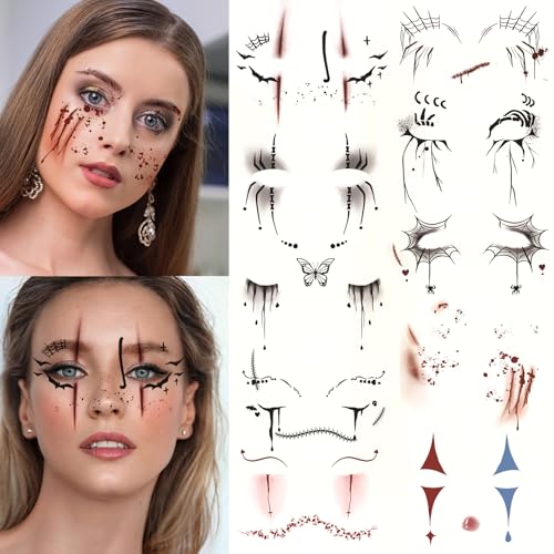 10 sheets Halloween Temporary Face Tattoo Stickers Horror Spider Heart Scar Women Adults Makeup Art Decorations Accessories Day of The Dead Party Props