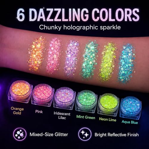 Glow in the Dark Glitter Gel Set - 6 Colors for Body & Face