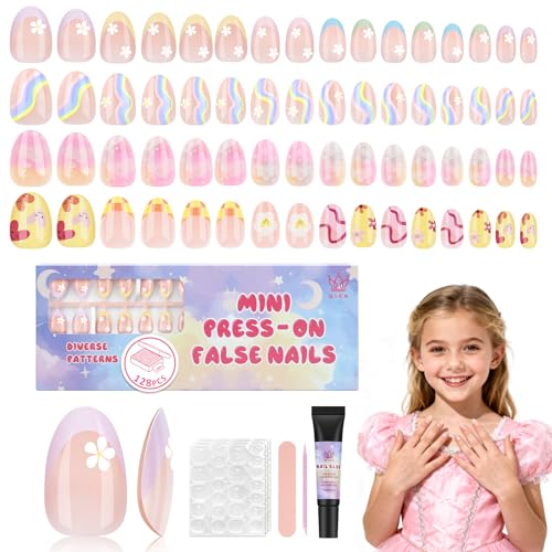 Kids Press On Nails 128 Pcs Almond Flower Design Girls