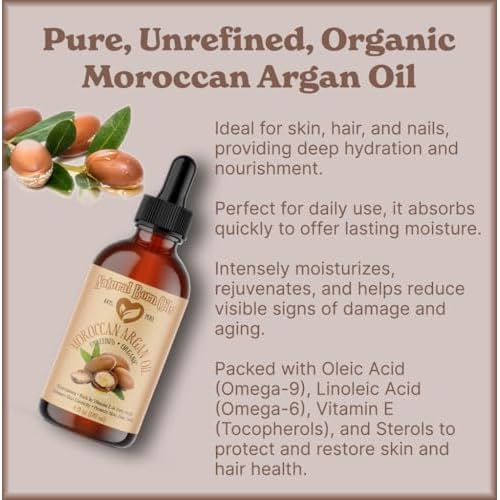 Natural Born Oils Moroccan Argan Oil. 2oz. 100% Pure and Natural, Cold-pressed, Organic. Natural Moisturizer for Your Skin and Hair