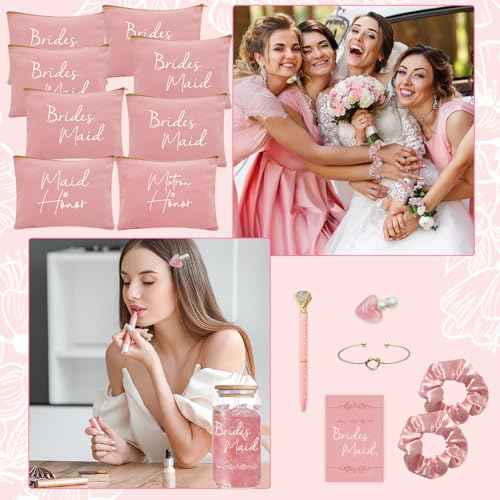 56 pcs Bridesmaid Gift Set, Pink: 16oz Glass Cups, Makeup Bags, Invitation Cards, Scrunchies, Hair Bracelets, Diamond Pens, Love Clips - Perfect for Bridesmaids or Special Occasions