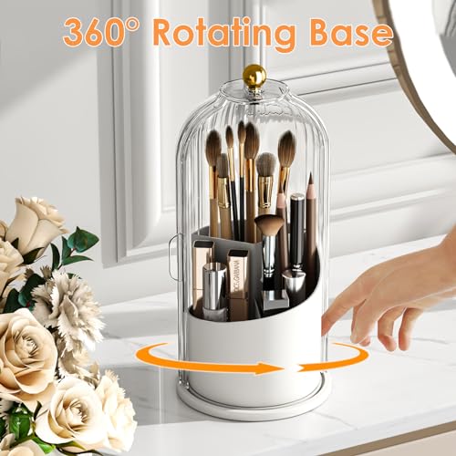 Makeup Brush Holder with Lid | 360 Rotating Dustproof Organizer