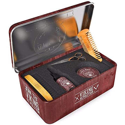 Viking Revolution Ultimate Grooming Kit for Men - Boar Brush, Wood Comb, Sandalwood Balm & Oil, Scissors for Beard & Mustache