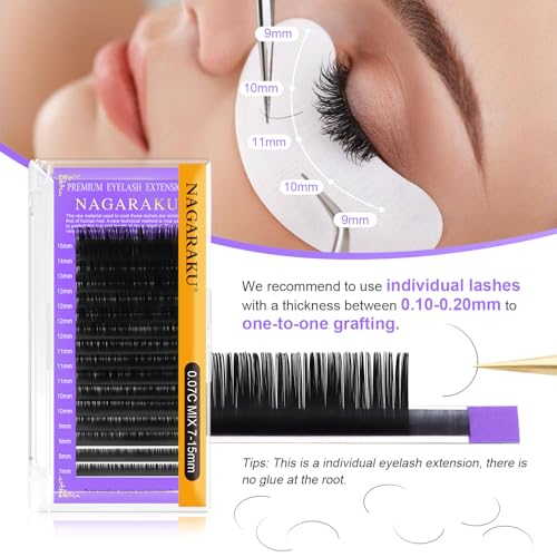 NAGARAKU 5 Trays Eyelash Extensions Individual Lashes 0.07mm D curl 11/12/13/14/15mm in 1 pack Classic Soft Natural Professional Faux Mink 16 rows