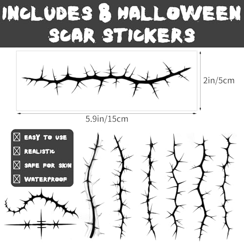 Halloween Temporary Tattoo Stickers - Realistic Scar Design (8 Sheets)