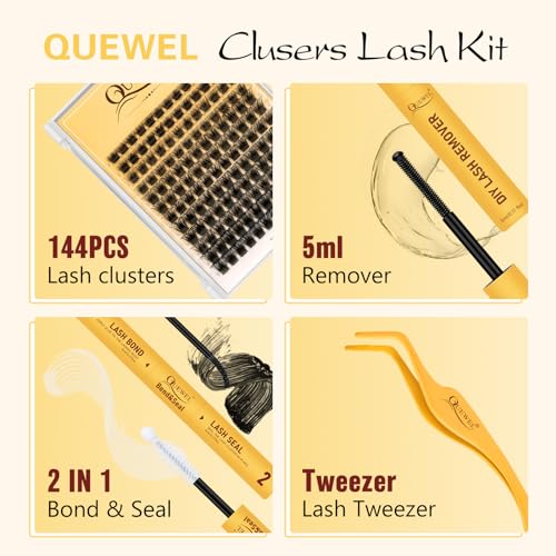 QUEWEL DIY Lash Extension Kit, Lashes Clusters Bond and Seal Waterproof, Eyelash Clusters Applicator Tool with Cluster Lashes Glue Remover for Natural Look DIY At Home(ZS-H01-kit)