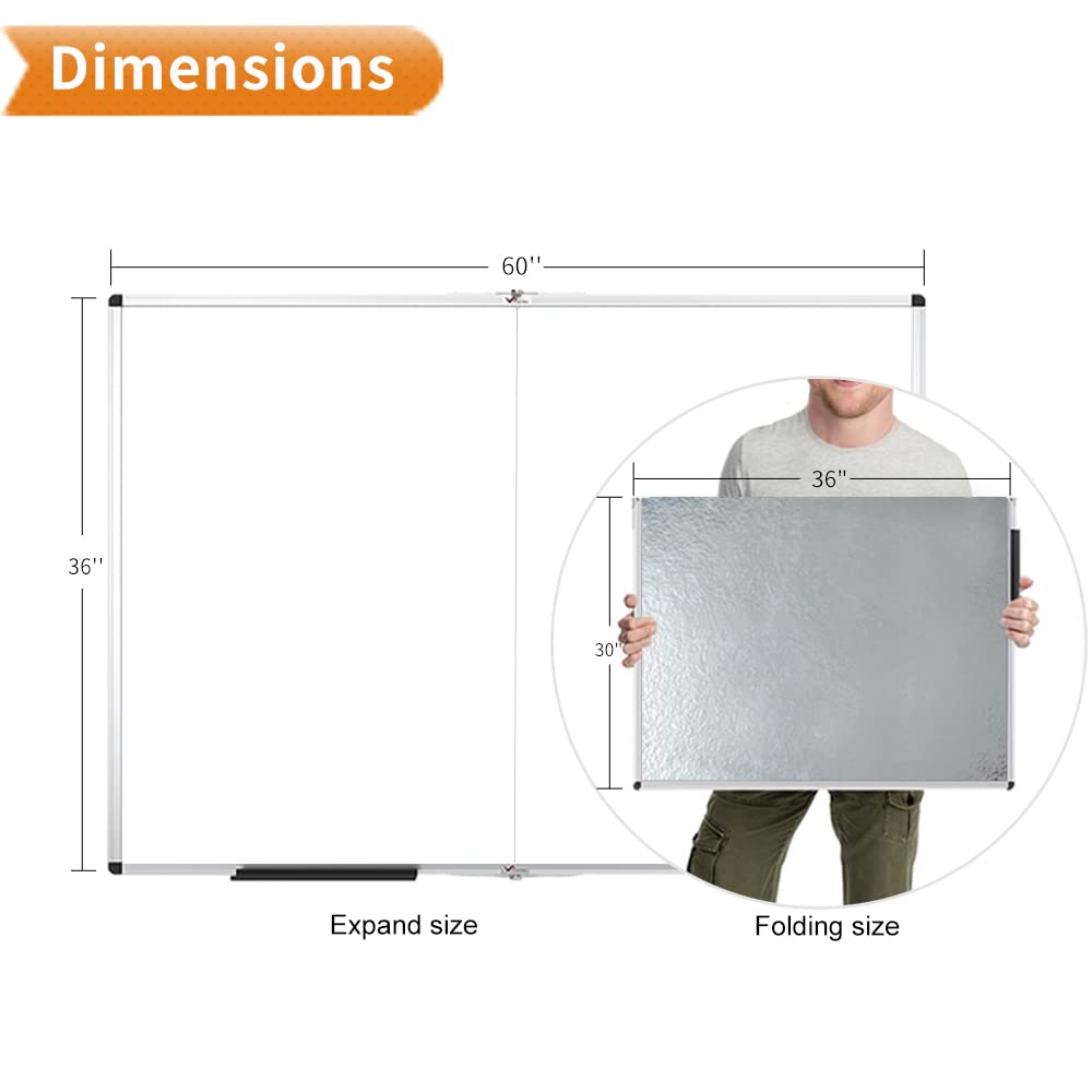 VIZ-PRO Large Dry Erase White Board/Magnetic Foldable Whiteboard, 60 X 36 Inches, Silver Aluminium Frame