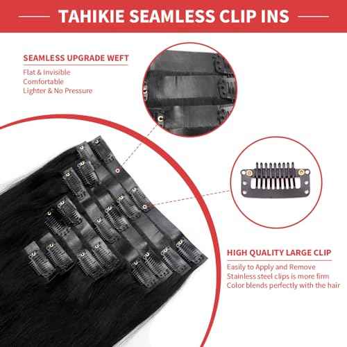 Seamless Clip in Hair Extensions Human Hair Full Head Natural Black PU Seamless Hair Extensions Straight 8pcs 120g Clip ins 100% Remy Human Hair Extensions For Women (16 inch, #1B)