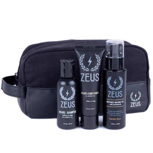 ZEUS Refined Essential Beard Care Kit with Travel Toiletry Bag - Beard Wash, Beard Conditioner, Refined Beard Oil & Travel Dopp Bag – (Vanilla Rum) Made in USA