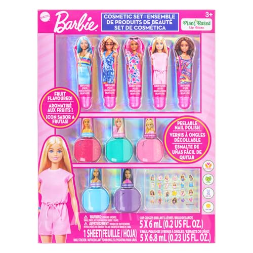 Barbie Cosmetic Makeup Set for Girls with Super Sparkly Lip Gloss Nail Polish and Nail Stickers 11 Pieces, Perfect for Parties Sleepovers Makeovers, Birthday, Ages by Townley Girl