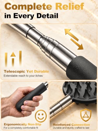 TUKUOS Black Telescoping Back Scratcher with 5 Interchangeable Heads - Gift for Men