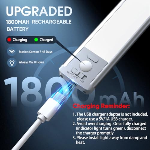 MCGOR 10in Under Cabinet Light 2-Pack White - 5-Level Dimmable, USB-C Rechargeable Motion Sensor