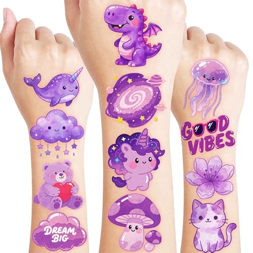 96 Piece Purple Temporary Tattoos for Kids | Waterproof Kawaii