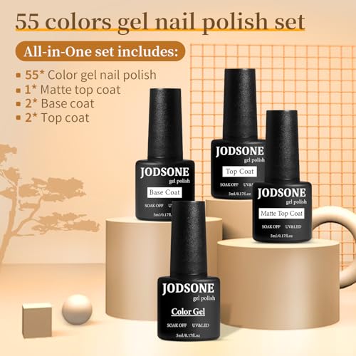 JODSONE 60 Pcs Gel Nail Polish Set - 55 Colors with Base & Top Coats