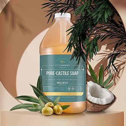 WHOLENATURALS Pure Castile Soap Liquid, EWG Verified & Certified Palm Oil Free Unscented, Natural, Mild & Gentle Non-gmo & Vegan - Organic Body Wash, Laundry, Pet/Dog and Baby Soap - 64 Fl Oz