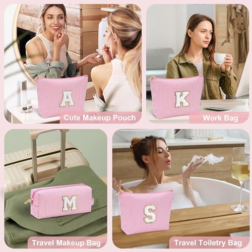 Personalized Initial Makeup Bag for Women - Pink Chenille Letter
