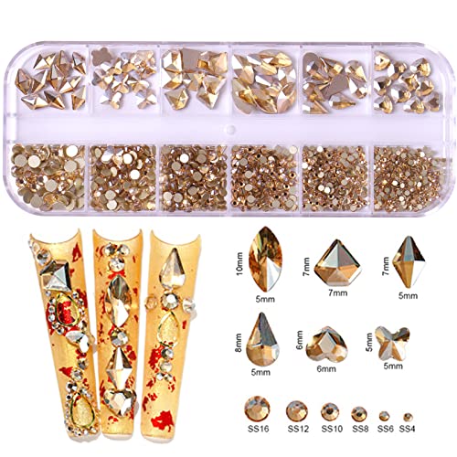 NAISKA 810Pcs Champagne Gold Crystal Nail Arts Rhinestones Round Beads Flatback Glass Gems Stones Multi Shapes Sizes Rhinestones Nail Crystals for Nail DIY Crafts