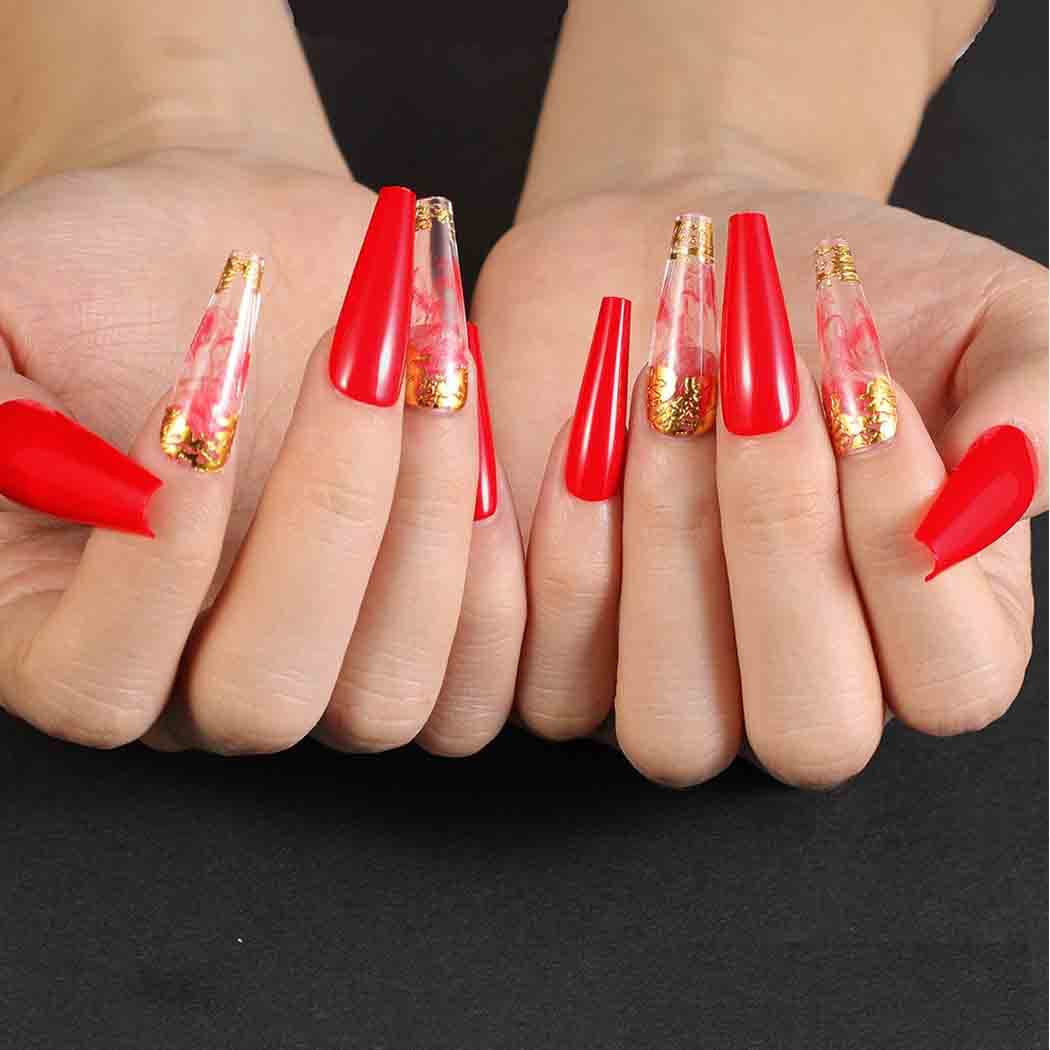 Outyua Smoke Pattern Fake Nails Coffin Glossy Red Extra Long Press on Nails with Designs Ballerina Acrylic False Nails Designer Full Cover Cute Nails for Women and Girls 24Pcs (Ruddy)