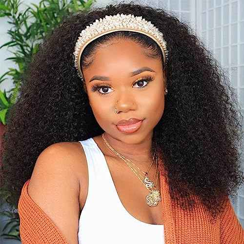 Rebasar Human Hair Headband Wig Deep Wave 18 Inch Curly Headband Wig Human Hair Wigs for Black Women Human Hair Glueless No Lace frontal Brazilian Virgin Hair Black Wear and Go Wig with Headband