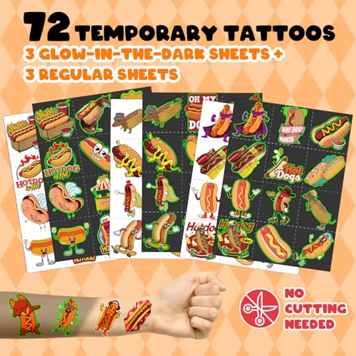 96 PCS Hot Dog Party Favors Set ? 72 Pre-Cut Temporary Tattoos & 24 Slap Bracelets for Kids, Perfect for Food-Themed Birthday Parties, BBQ Celebrations & Classroom Rewards