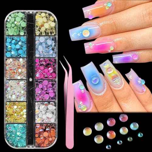 3D Aurora Bubble Nail Beads, Mixed Crystal Mermaid Beads for Nails, Nail Art Rhinestones Set with Tweezers, Colored Pearls for Nails, Y2K Nail Charms, Flatback Diamond Gems Decoration Supplies