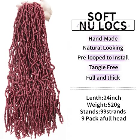 9Packs Nu Locs Crochet Hair Braids Long Soft Locs 24inch Crochet Hair Pre-looped Goddess locs Curly wave Synthetic Hair for Black Women (Burgundy, 24)