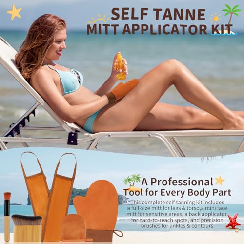 5 in 1 Self Tanner Mitt Applicator Kit - Professional Self Tanning Mitt & Back Applicator, Includes Face Tanner Mitt & Body Brush for Streak-Free, Palm-Free Tan