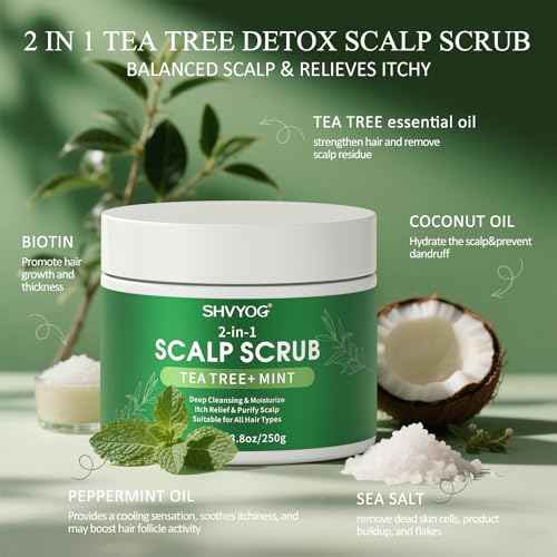 SHVYOG Scalp Scrub, Tea Tree & Coconut Oil Exfoliator Scrub for Itchy Scalp, Anti-Dandruff Detox Clarifying Exfoliator Shampoo with Sea Salt, Scalp Treatment with Scalp Scrubber