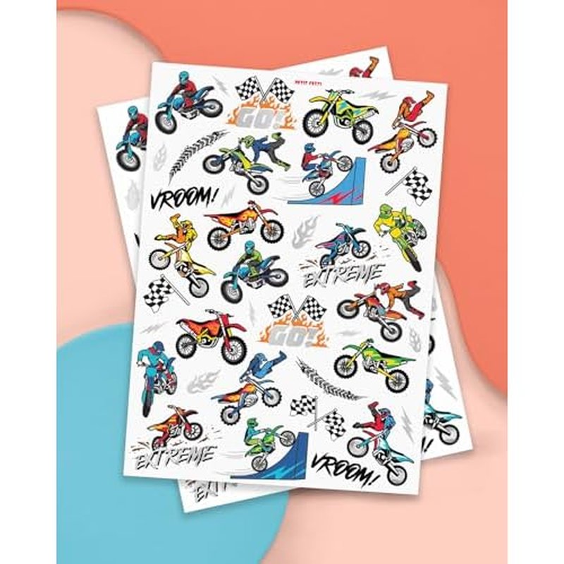 xo, Fetti Dirt Bike Temporary Tattoos Party Decorations - 48 Silver Foil | Birthday Party Decorations, Motocross Accessory, Motorcycle Theme Favor, Boys Bicycle Gift + Supplies, Checker Flag D?cor