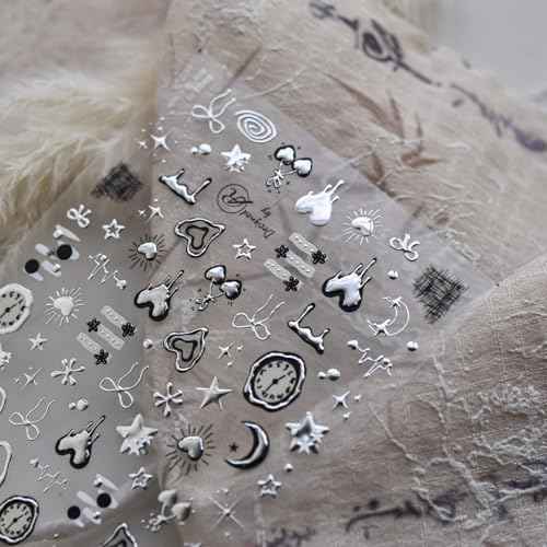 Silver Nail Art Stickers Heart Star Nail Decals with Metal Design 5D Embossed Self Adhesive Clock Nails Stickers Charms Supply for Women Girls Kid Manicure DIY Decorations