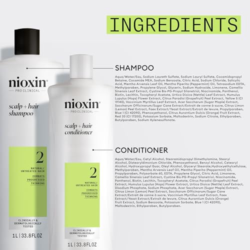 Nioxin System 2 Shampoo & Conditioner Prepack, Natural Treated Hair with Progressed Thinning, Pumps Included, 33.8 fl oz (Packaging May Vary)