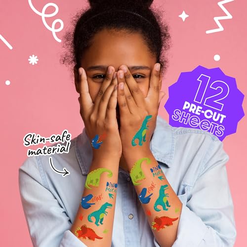 Roar Dinosaur Temporary Tattoos for Kids, 12 Sheets
